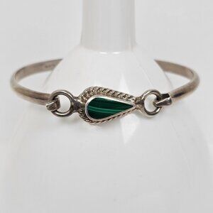 Vtg Taxco Mexico Sterling Silver Malachite Teardrop Hook Clasp Bangle Bracelet